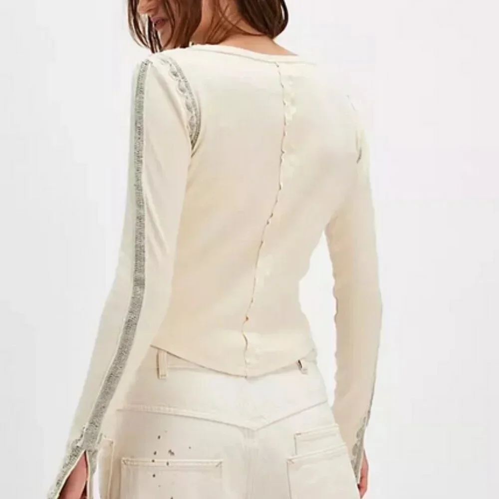 Free People Lost Love Long-Sleeve Top Crochet Lace Ribbed New S
